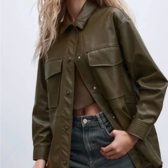 Zara Jackets & Blazers - Zara Women’s Green Faux Leather Jacket